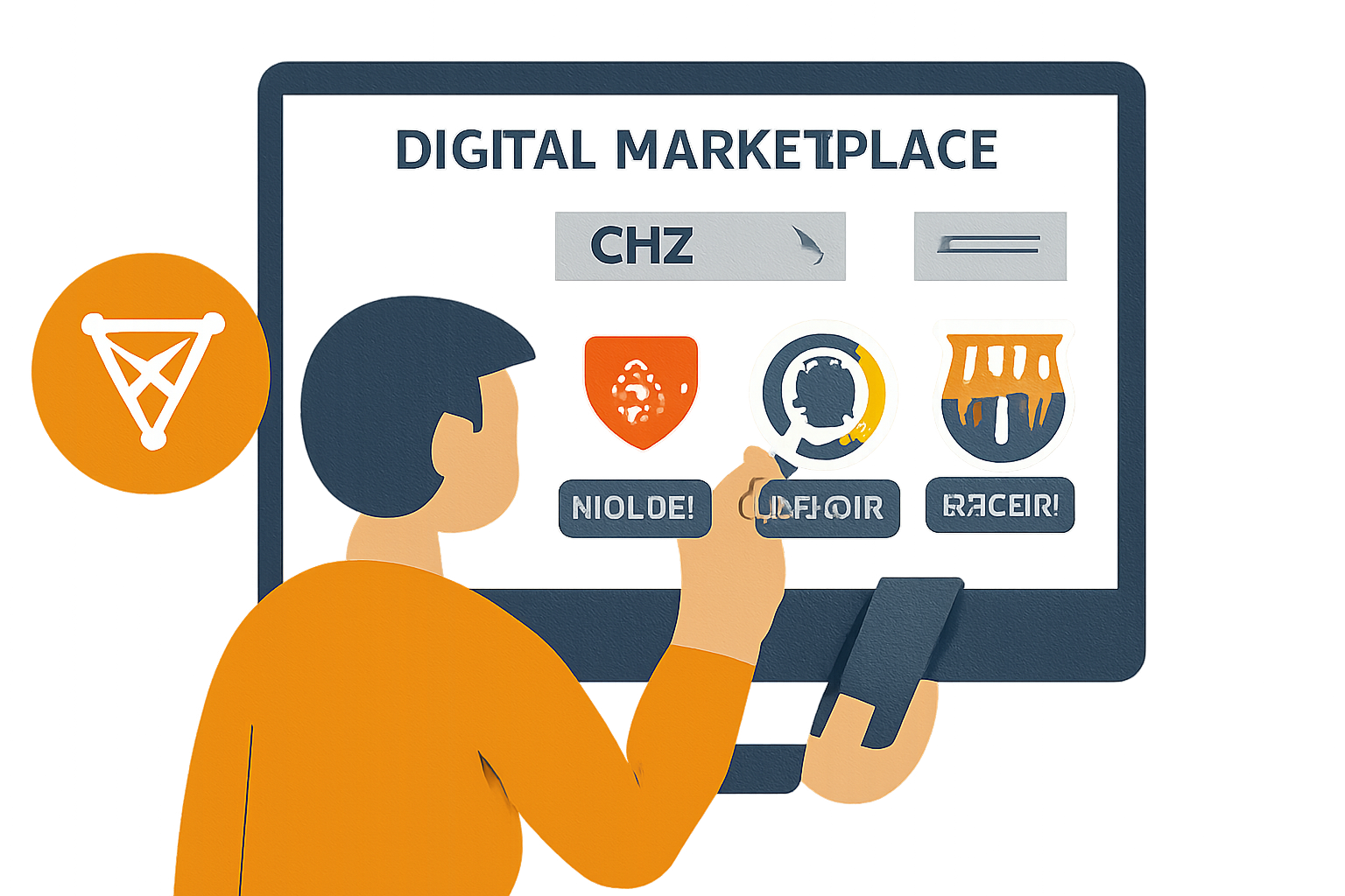 A user selecting a soccer fan token on a digital marketplace, exchanging CHZ tokens, with club logos and price tags visible.