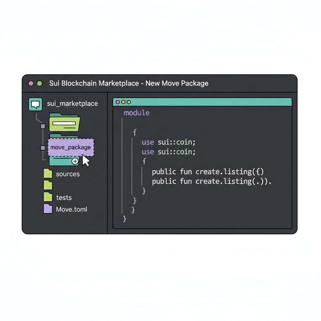 code editor creating new move package folder structure sui blockchain marketplace project