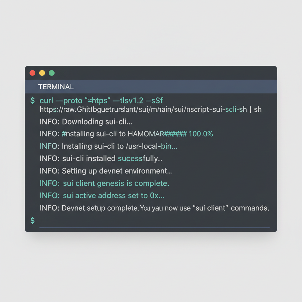 terminal window installing sui cli command line interface blockchain devnet setup clean modern