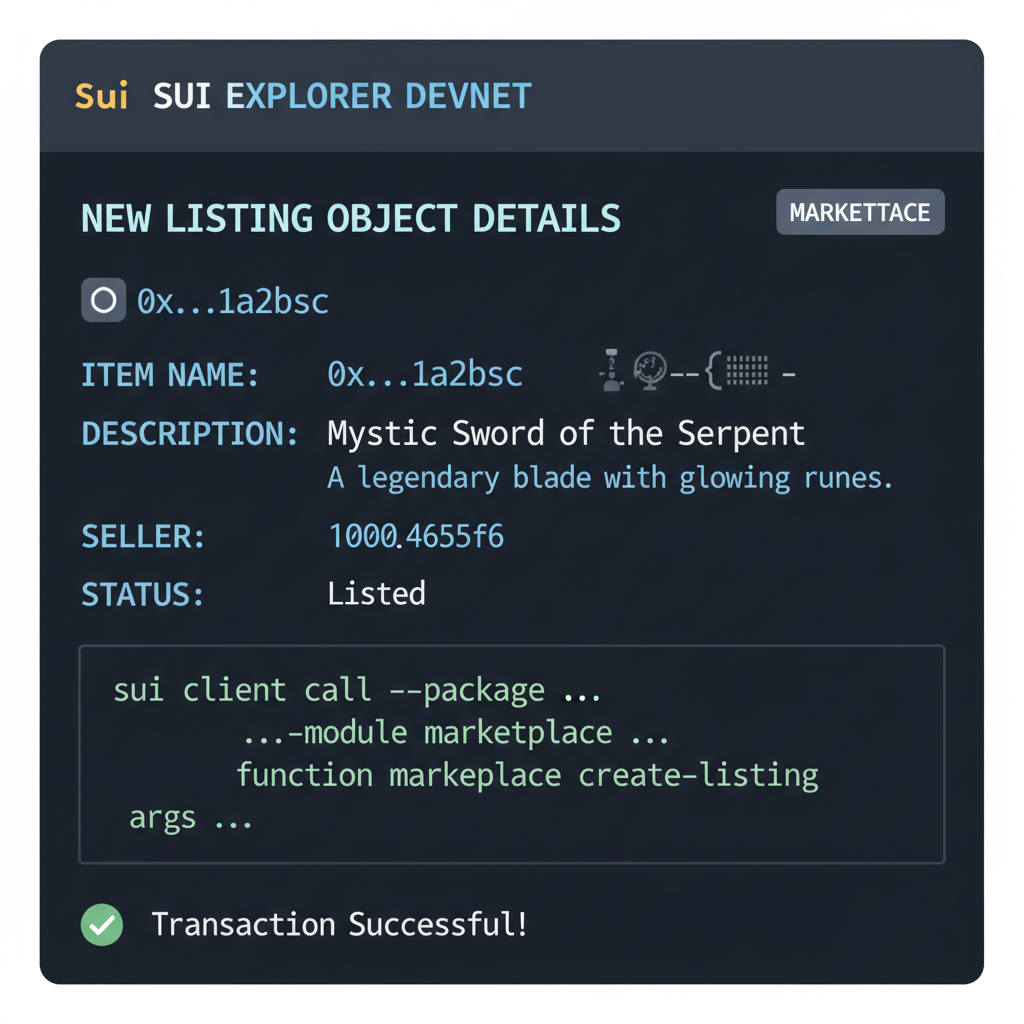 sui explorer or terminal showing new listing object devnet marketplace item details