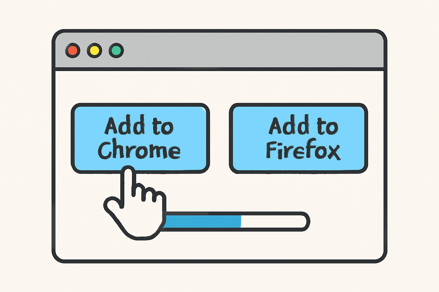 A browser window with a cursor clicking the 'Add to Chrome' and 'Add to Firefox' buttons, showing a progress bar for installation.