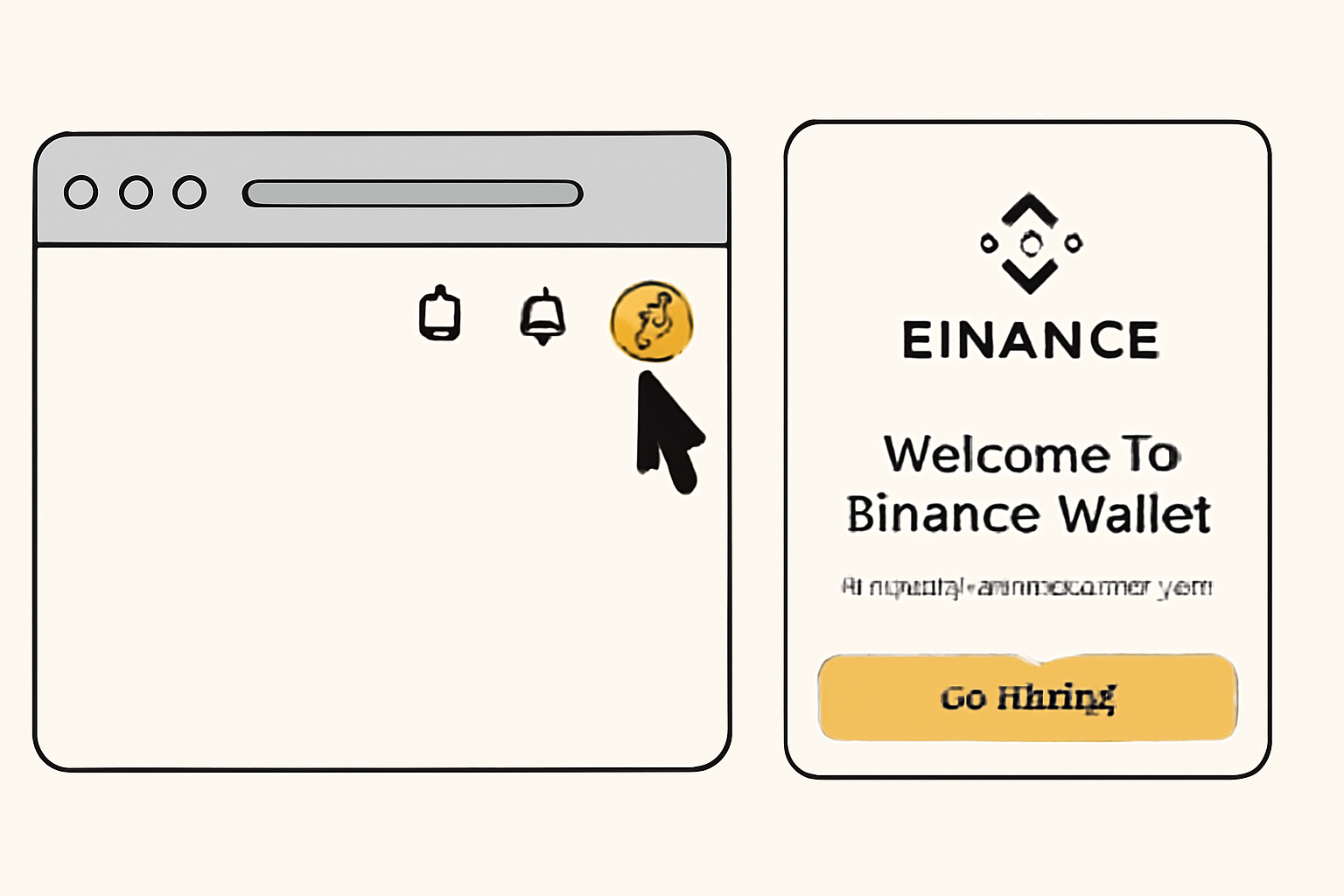 A user clicking the Binance Wallet icon, with a welcome screen of the extension popping up.
