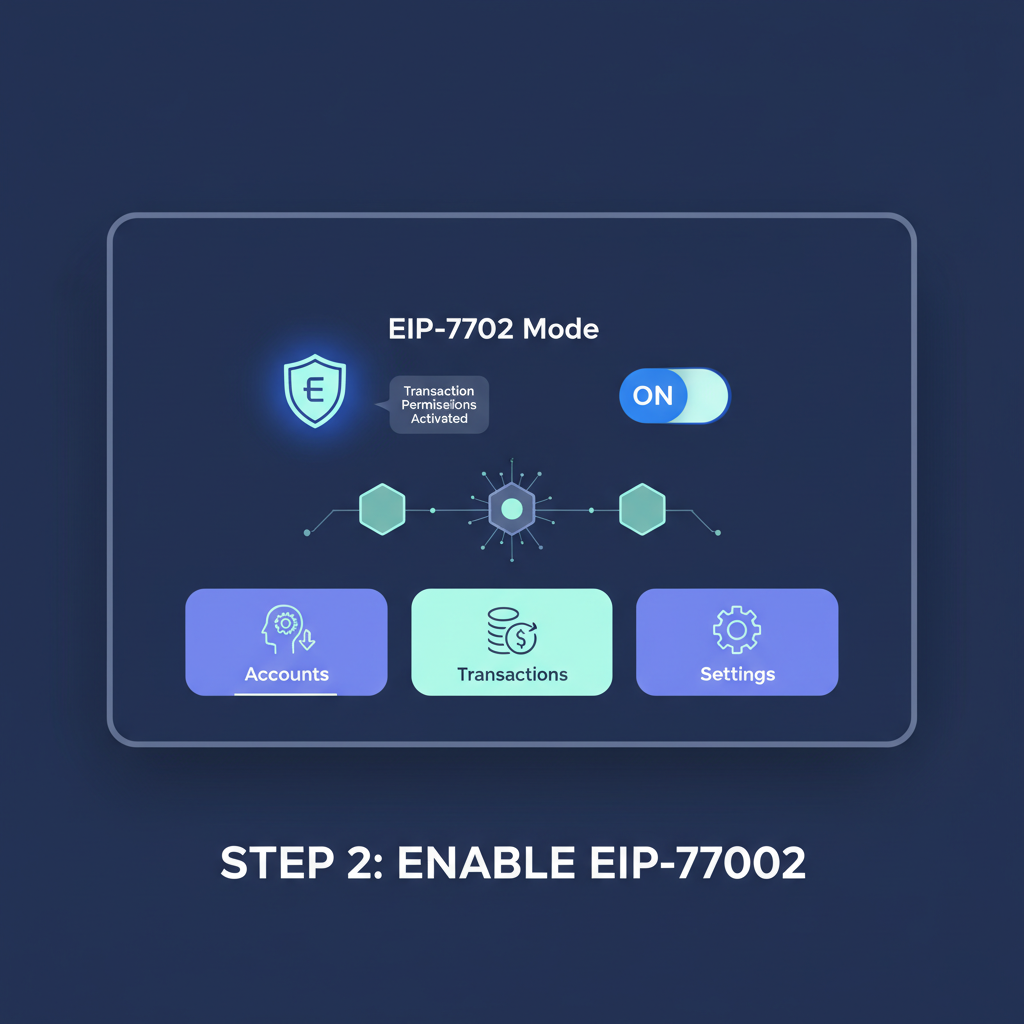 clean wallet dashboard interface toggling EIP-7702 mode on, futuristic UI, blue tones