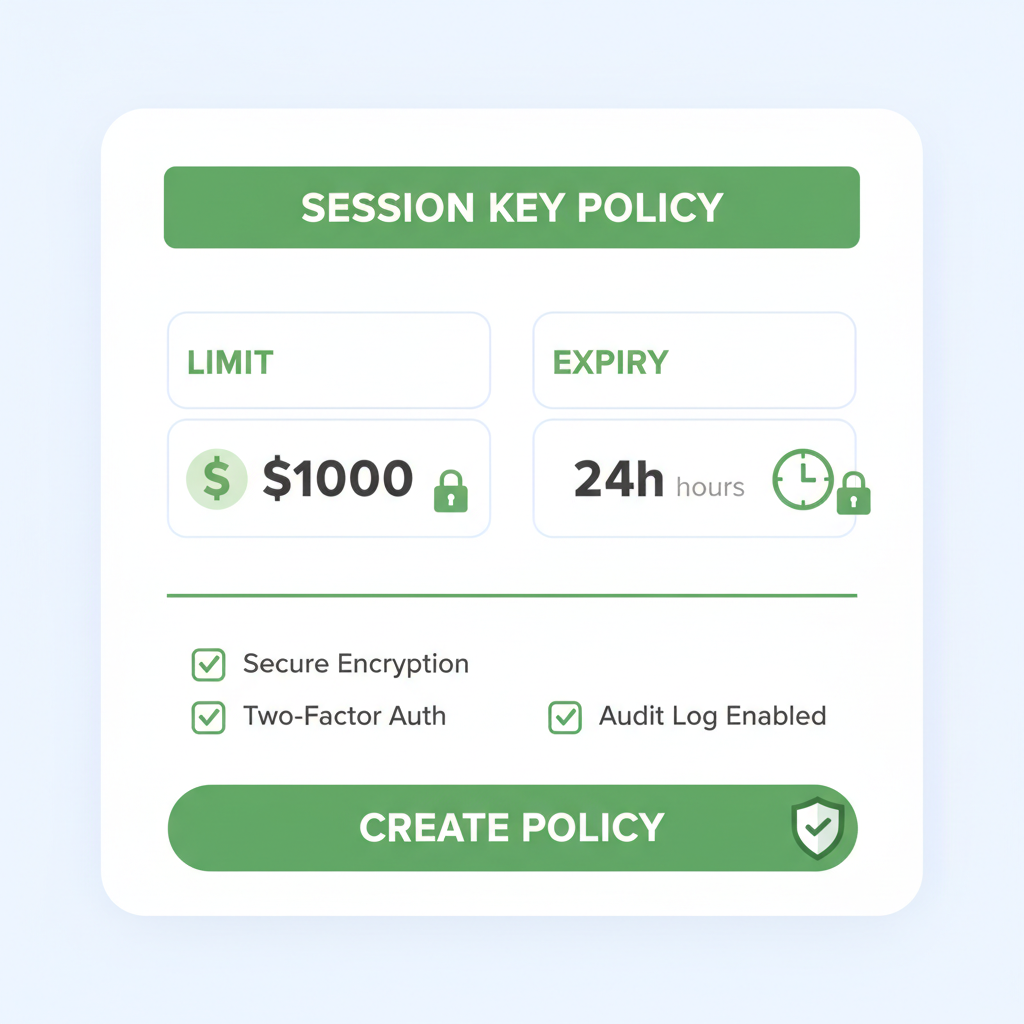 session key policy form with $1000 limit and 24h expiry fields, secure lock icons, green accents