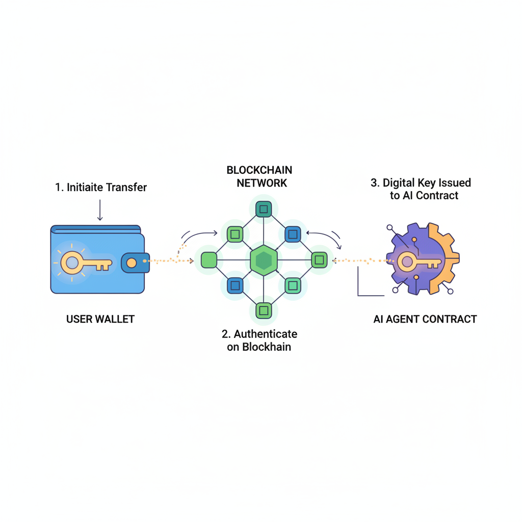 issuing digital key from wallet to AI agent contract diagram, glowing key transfer, blockchain nodes