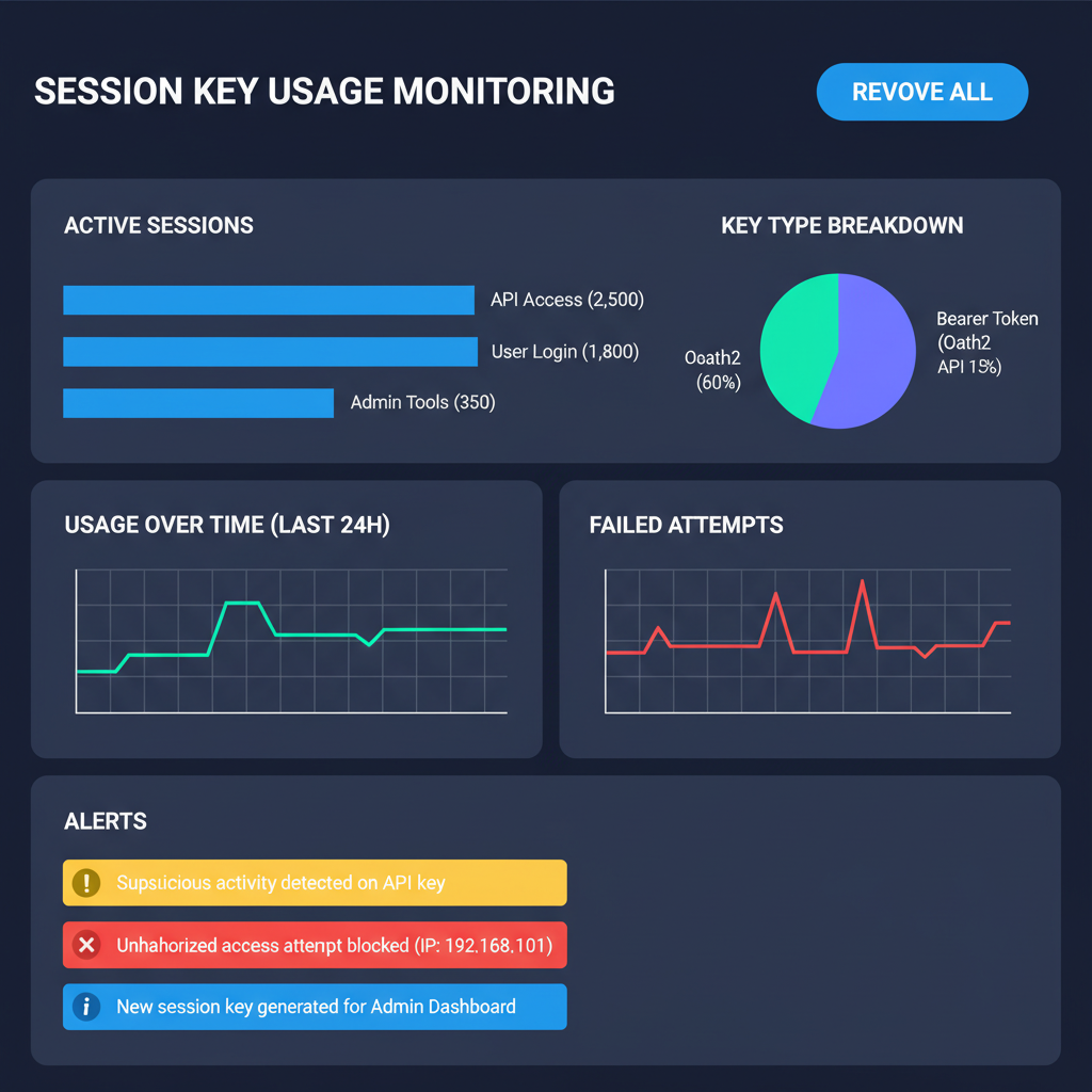 dashboard monitoring session key usage with revoke button, charts and alerts, dark mode UI