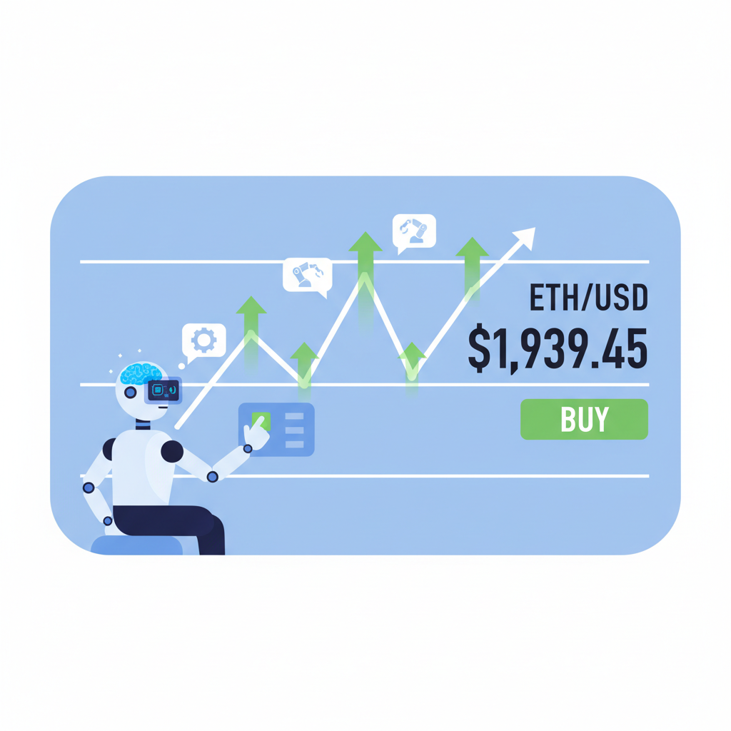 simulated ETH trade chart at $1,939.45 price, AI agent executing trades, green upward arrows