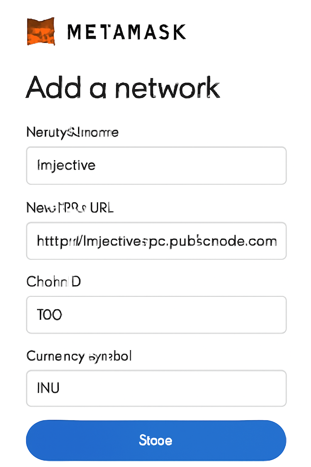 MetaMask 'Add a network' form filled with Injective network details, fields clearly visible.