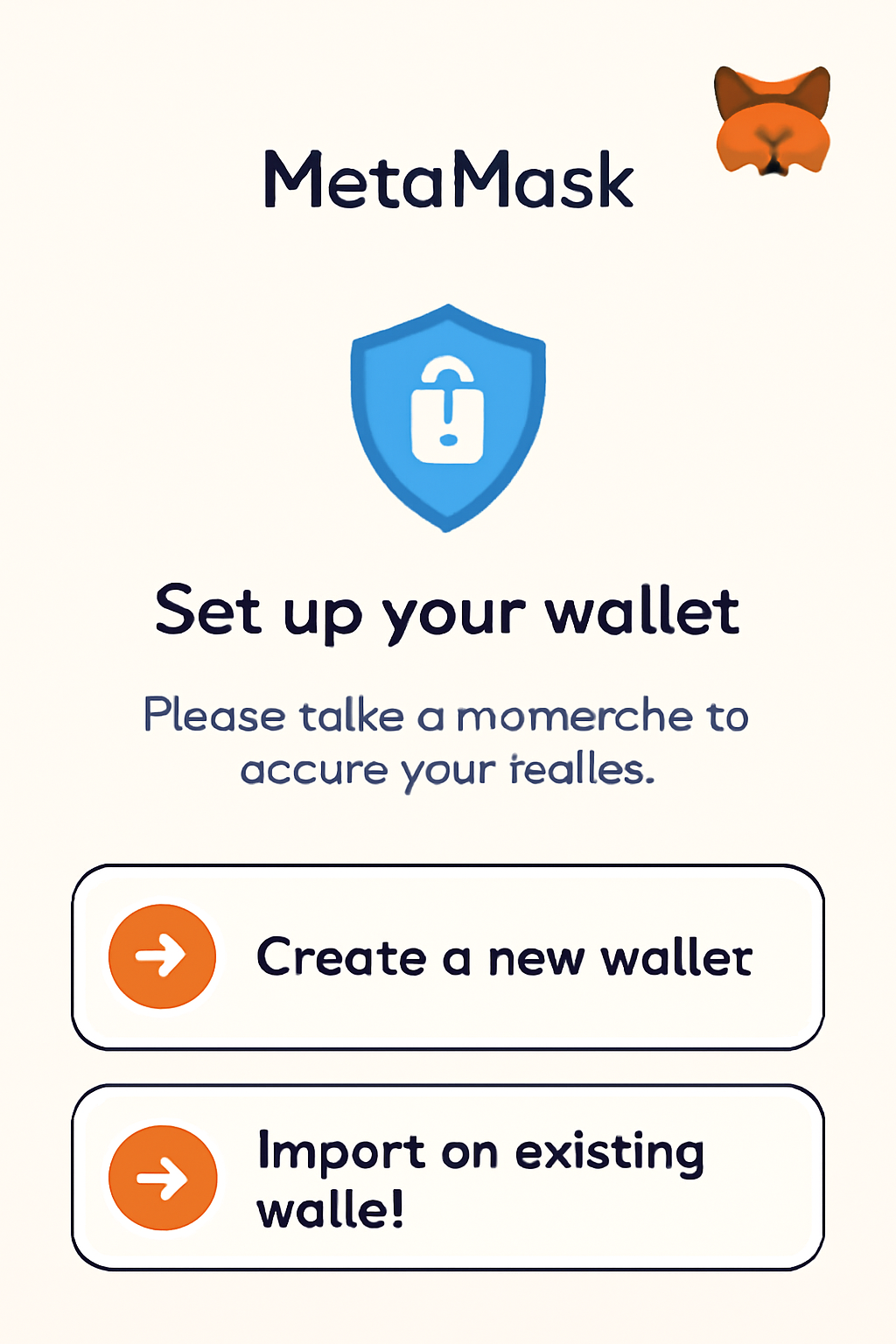MetaMask setup screen with options to create a new wallet or import an existing one, emphasizing security.