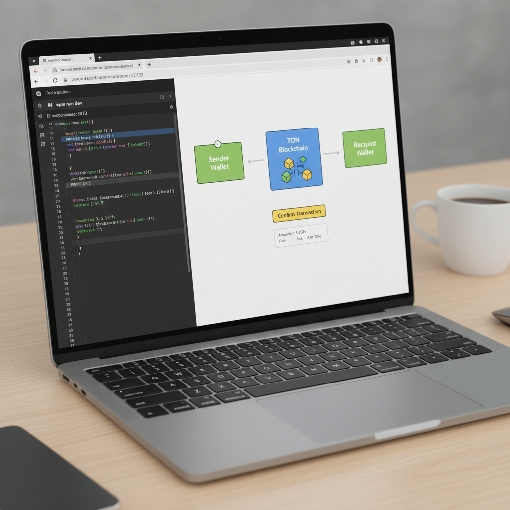 Laptop screen running Telegram Mini App dev server with TON transaction