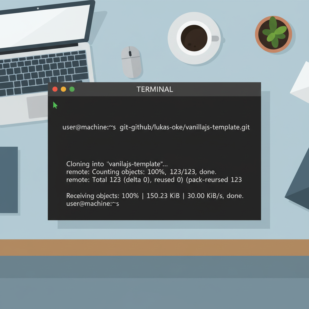 terminal window showing git clone command for vanillajs-template repo, clean code output, developer workspace background
