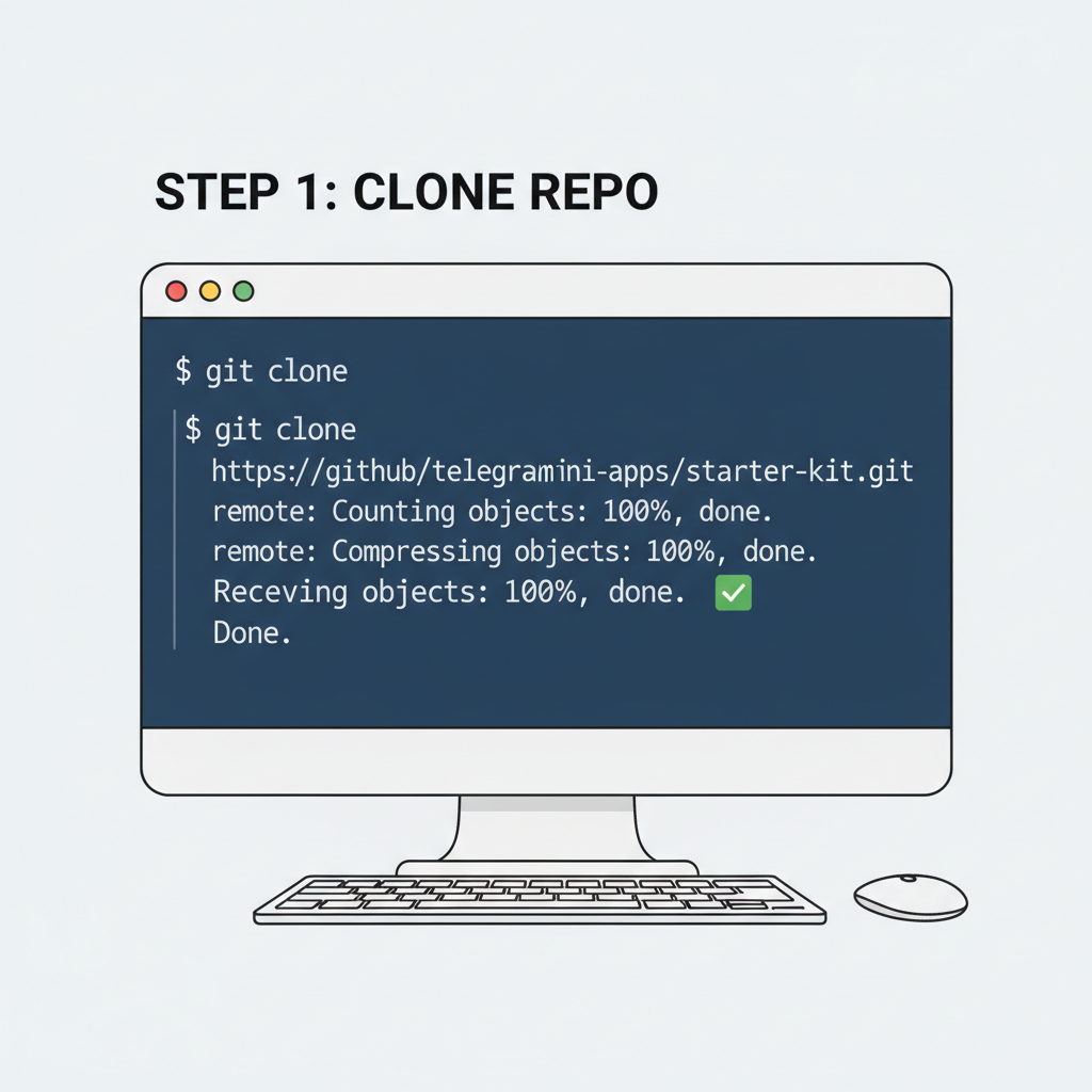 Developer terminal cloning GitHub repo for Telegram Mini App starter kit