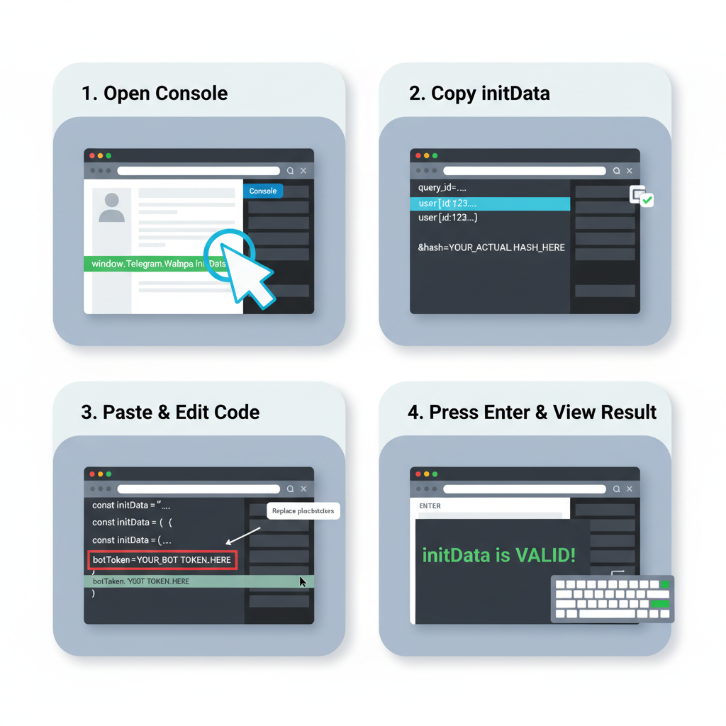 JavaScript code snippet validating Telegram initData in browser console