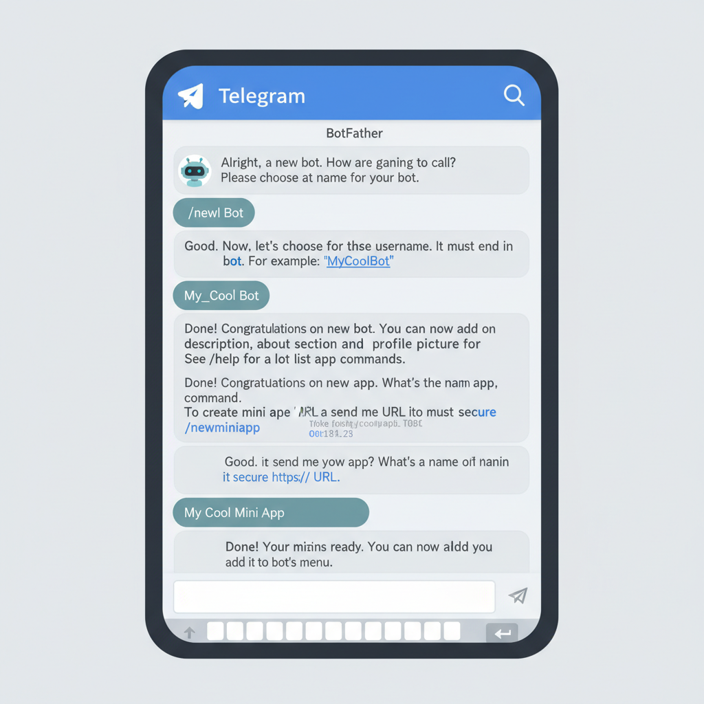 Telegram app screen showing BotFather creating new bot and mini app