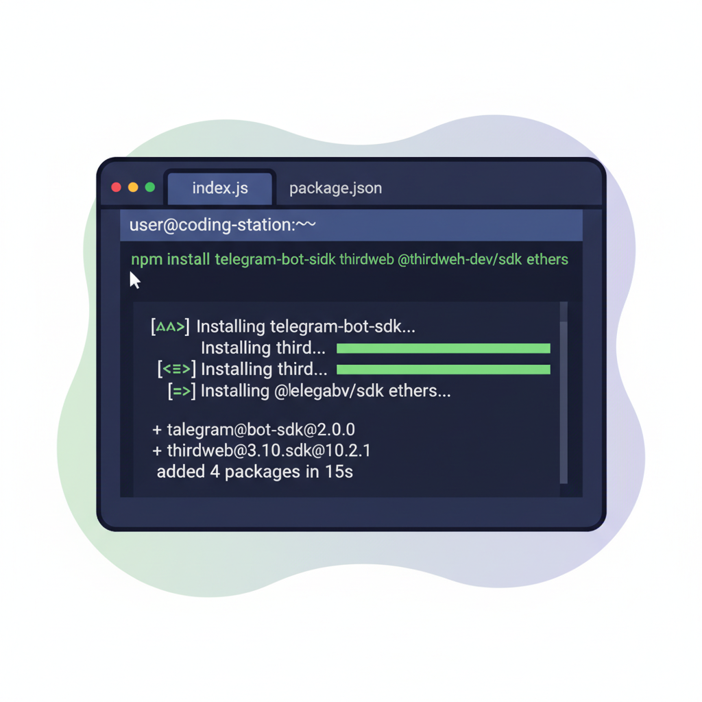 Code editor with npm install command for Telegram SDKs and thirdweb