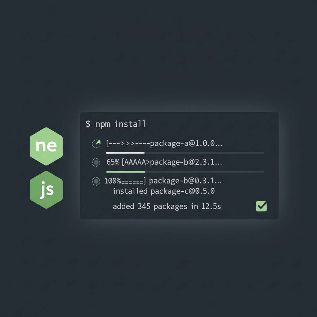 npm install command in terminal with package installation progress, node.js icons, modern dev terminal