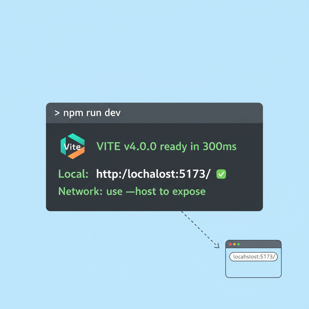 terminal running npm run dev server, localhost URL displayed, vite logo, green success indicators