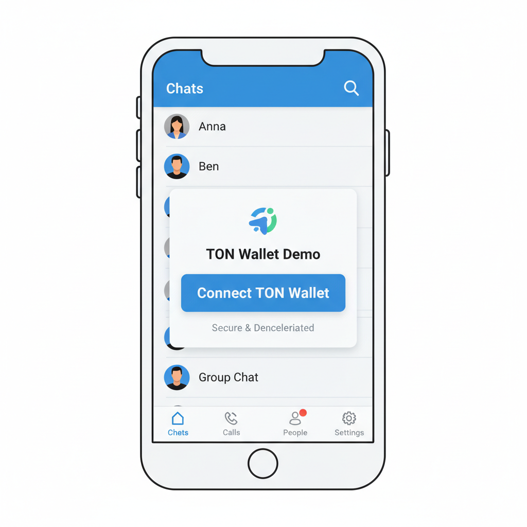 Telegram mobile app open with Mini App running, TON wallet connect button visible, clean UI demo
