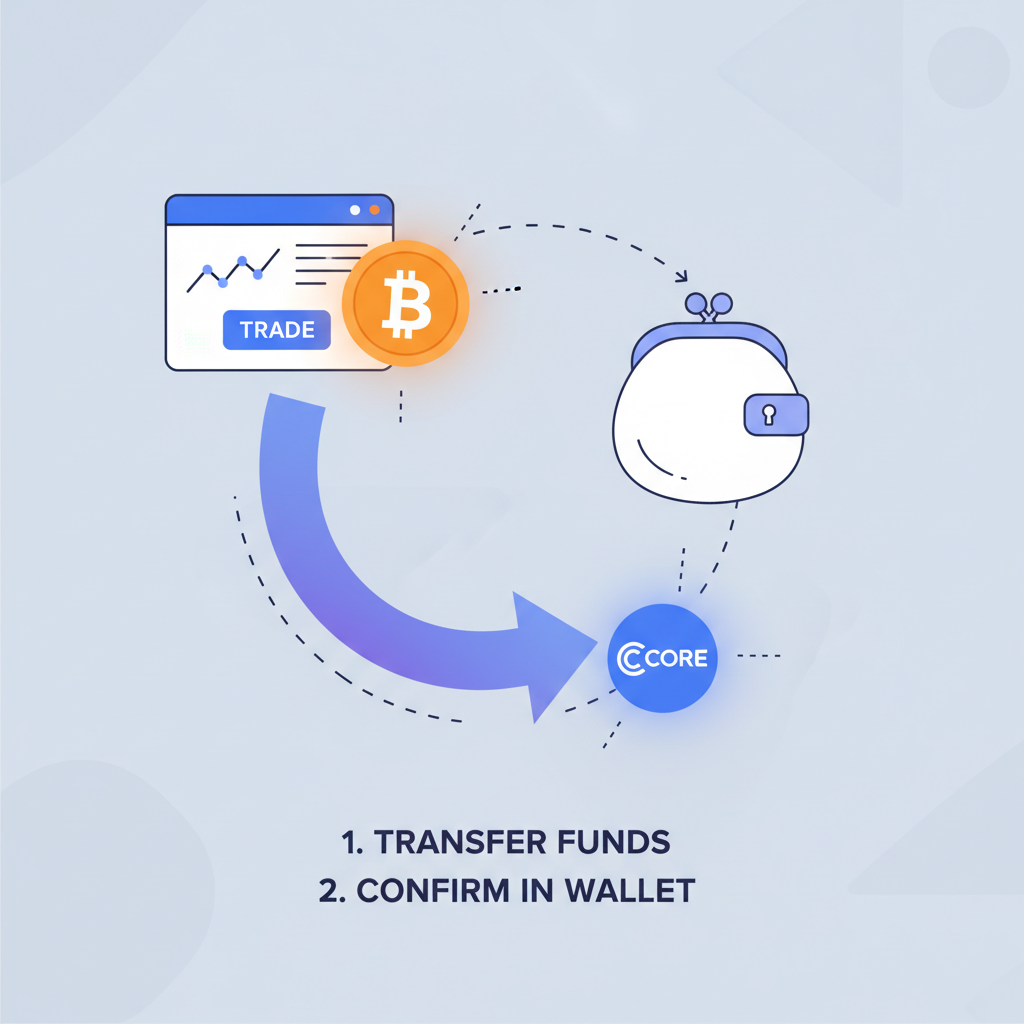 Crypto exchange transfer to wallet, BTC and CORE icons glowing