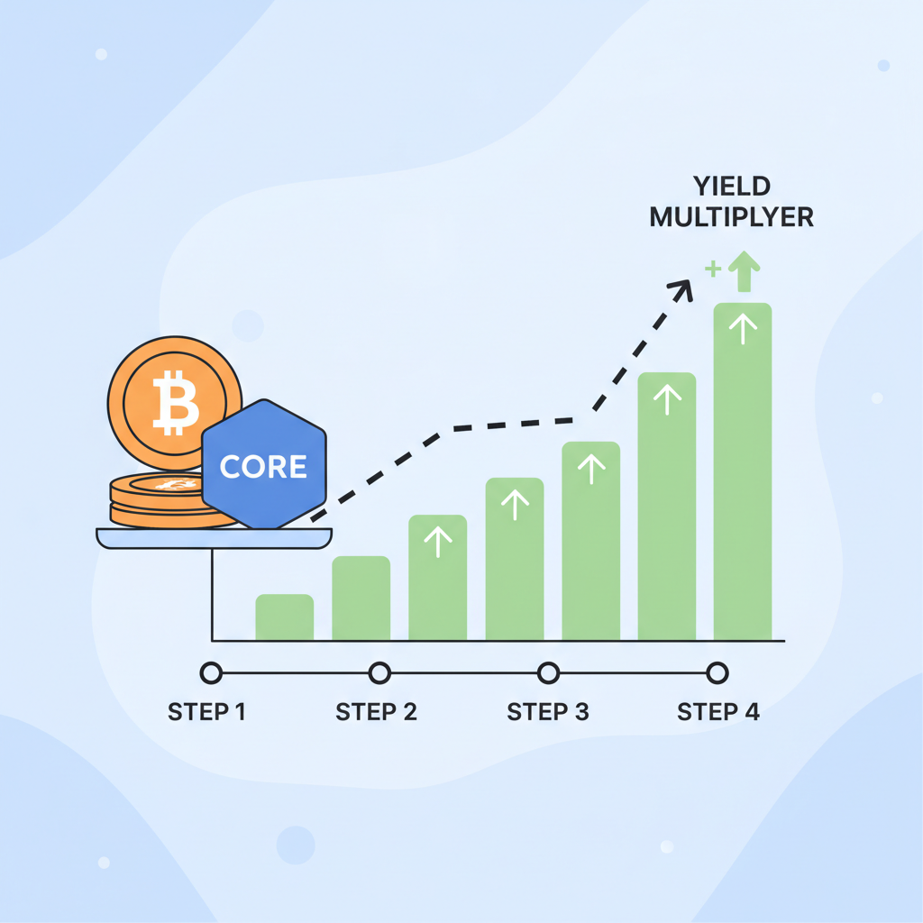Dual staking BTC and CORE tokens, yield multiplier graph rising