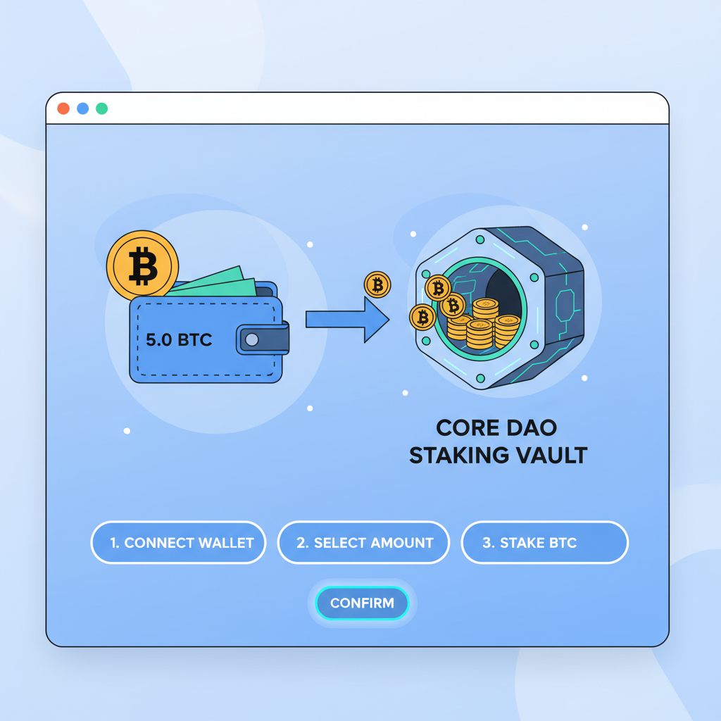 Staking BTC on Core DAO interface, Bitcoin flowing into vault