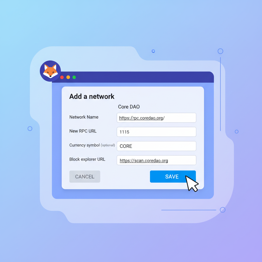 MetaMask wallet interface adding Core DAO network, clean crypto UI