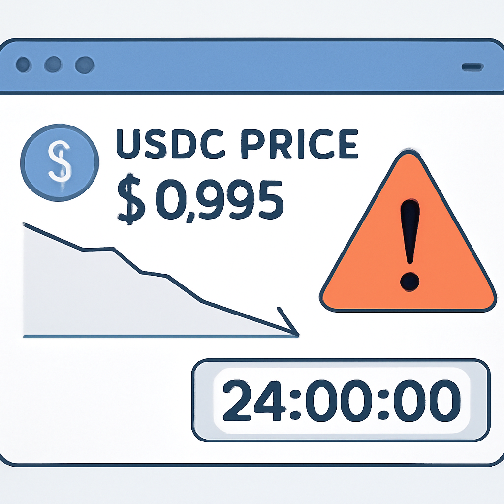 A digital dashboard showing USDC price dropping below $0.995, with a warning icon and a 24-hour countdown timer.