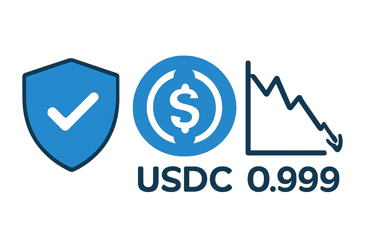 A shield icon with a checkmark, USDC logo, and a price chart showing a persistent dip below $0.999.
