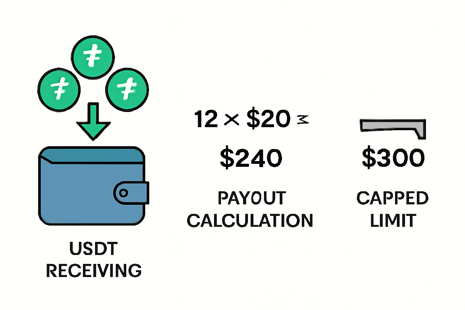 A digital wallet receiving USDT tokens, with a payout calculation and a capped limit visualized.