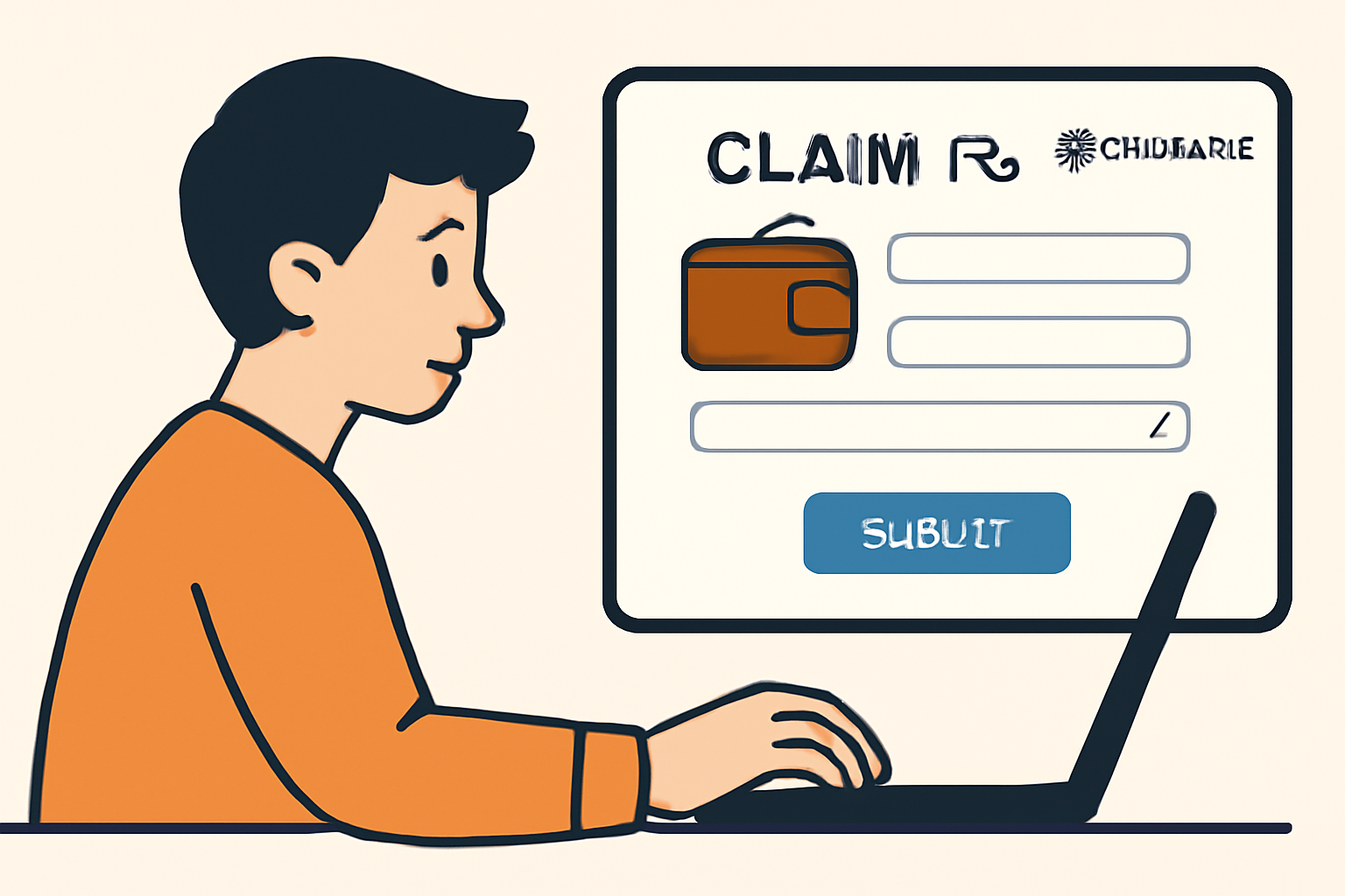 A user on a laptop filling out a digital claim form with a wallet icon and Etherisc branding.
