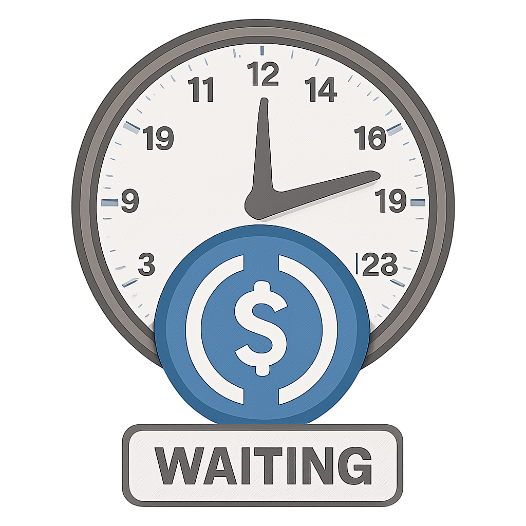 A clock with 24 hours marked, overlaying a stablecoin logo, indicating a waiting period.