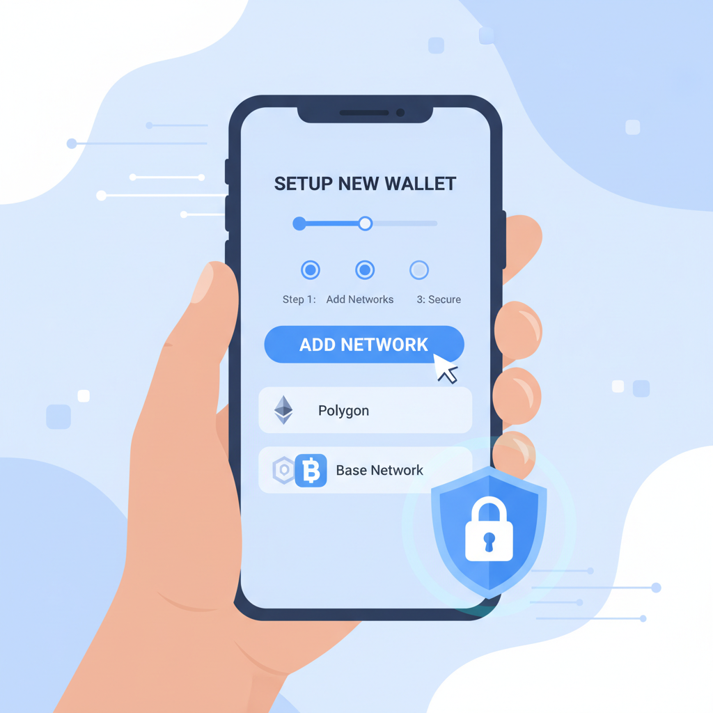 cartoon illustration of setting up a new crypto wallet on phone, adding Base network, secure lock icon, calm blue tones