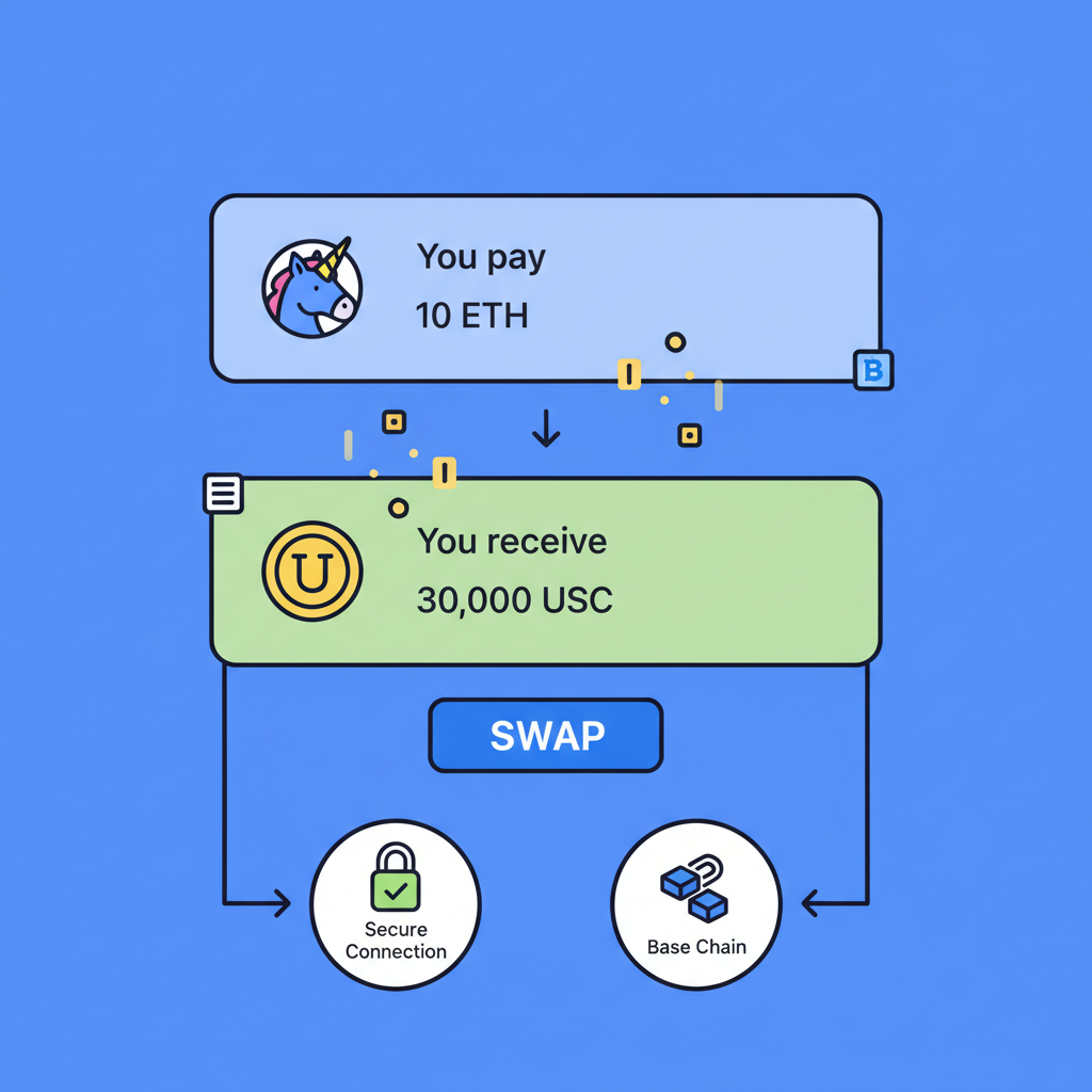 cartoon of Uniswap swap interface on Base chain, tokens exchanging, secure connection icons