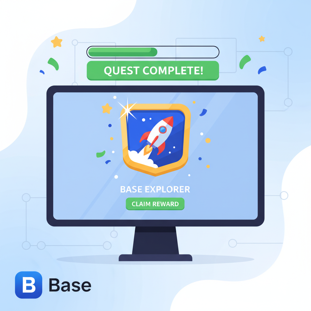 illustration of completing quest on Galxe platform, badge reward popping up, Base logo