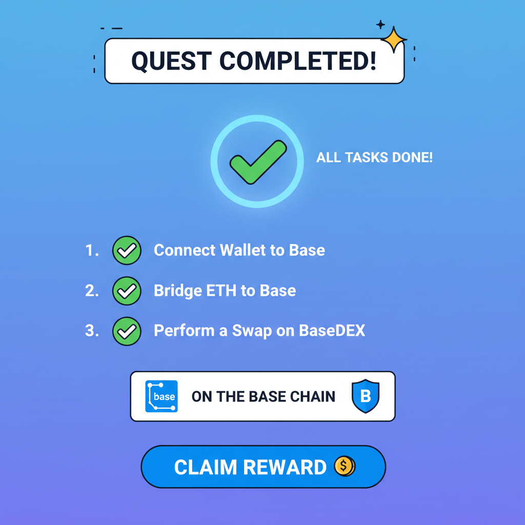 simple graphic of Layer3 quest completion screen, checkmarks and Base chain elements