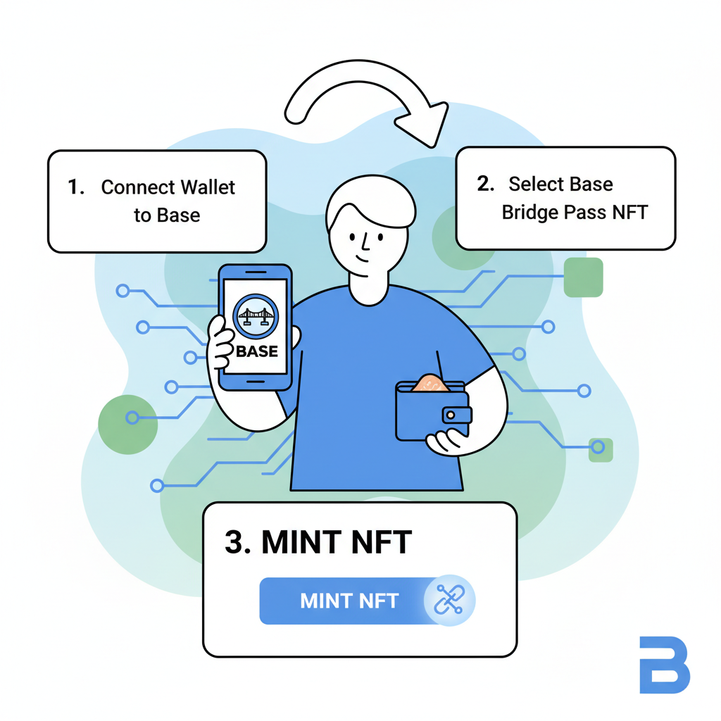 illustration of minting NFT on Base blockchain, Base Bridge Pass artwork, holding wallet