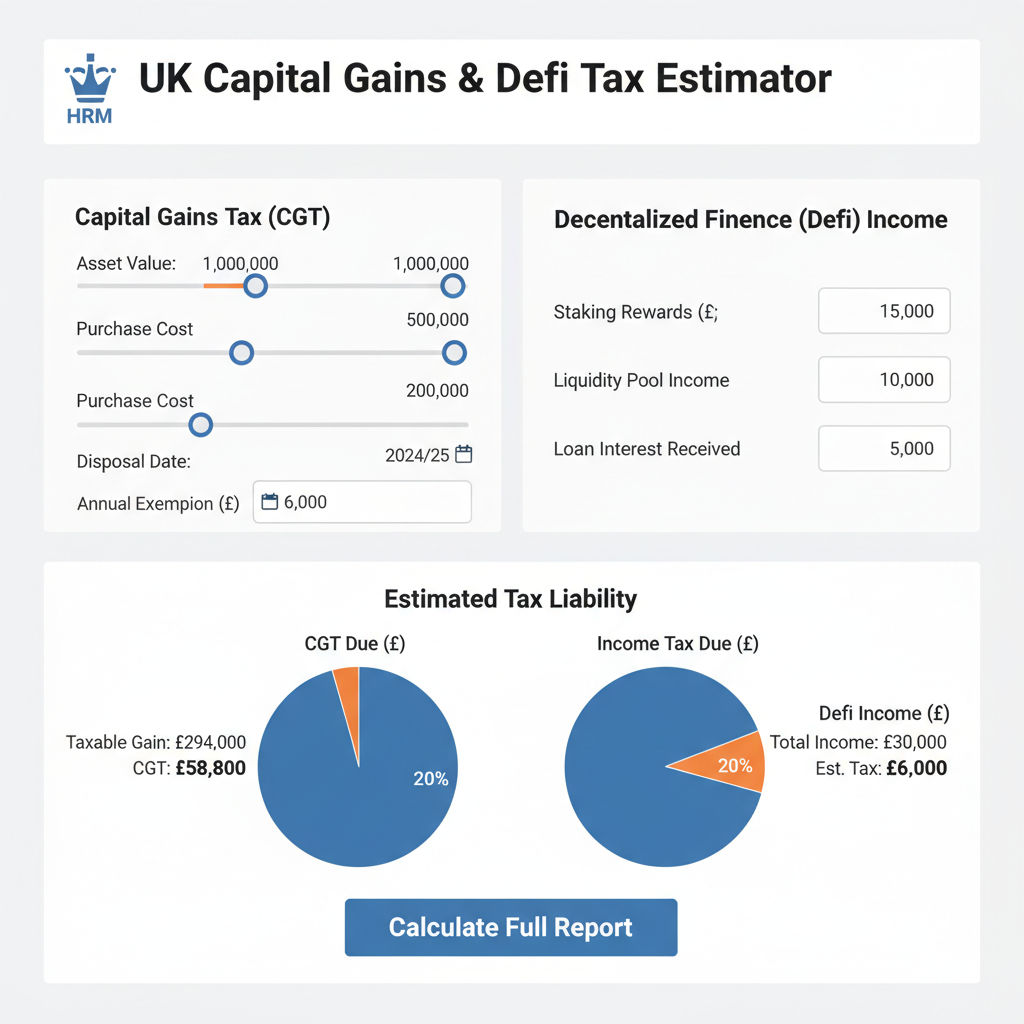 UK tax calculator dashboard with CGT sliders, DeFi inputs, charts showing tax liability, authoritative gov style