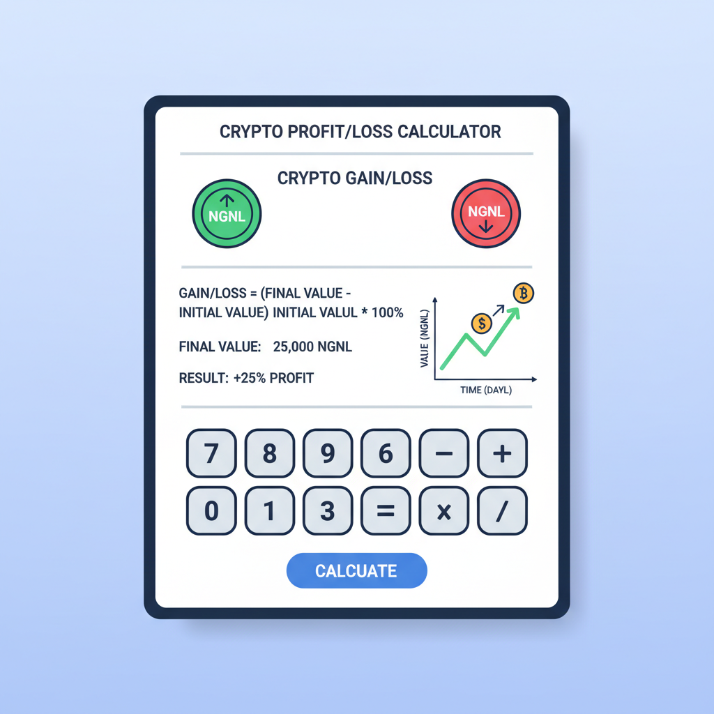 mathematical calculator interface computing crypto gain loss with formulas, NGNL icons, precise financial graph