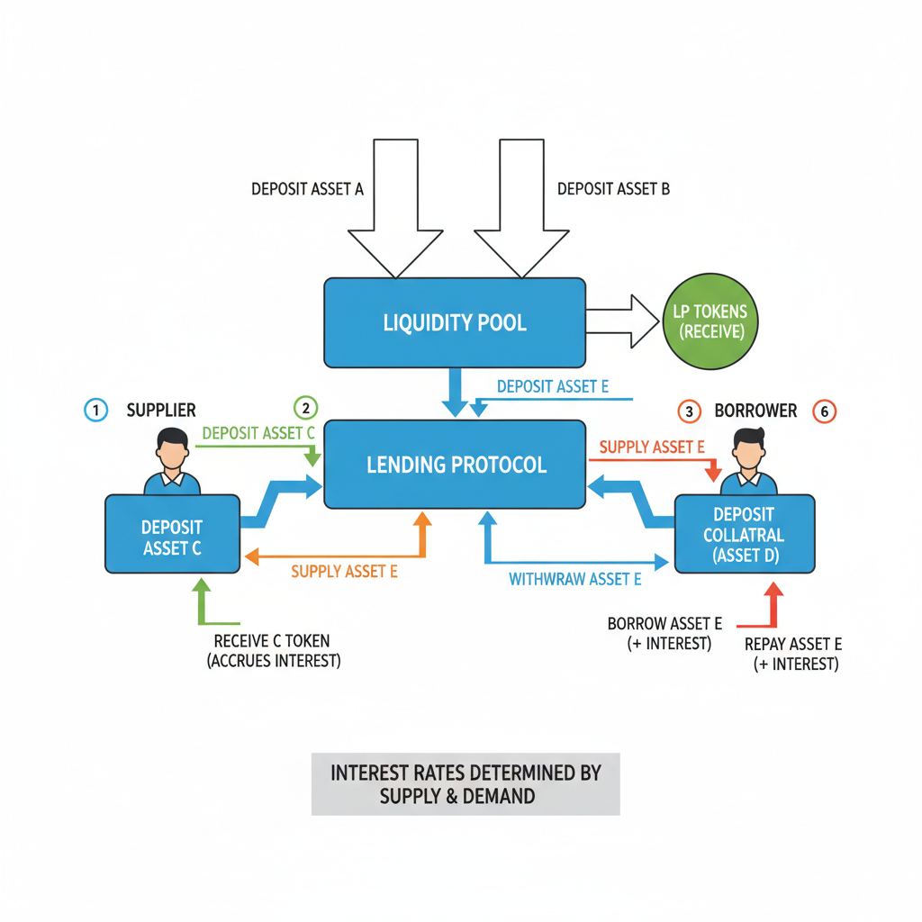 detailed diagram of DeFi liquidity pool and lending protocol with tokens flowing in and out, professional infographic style