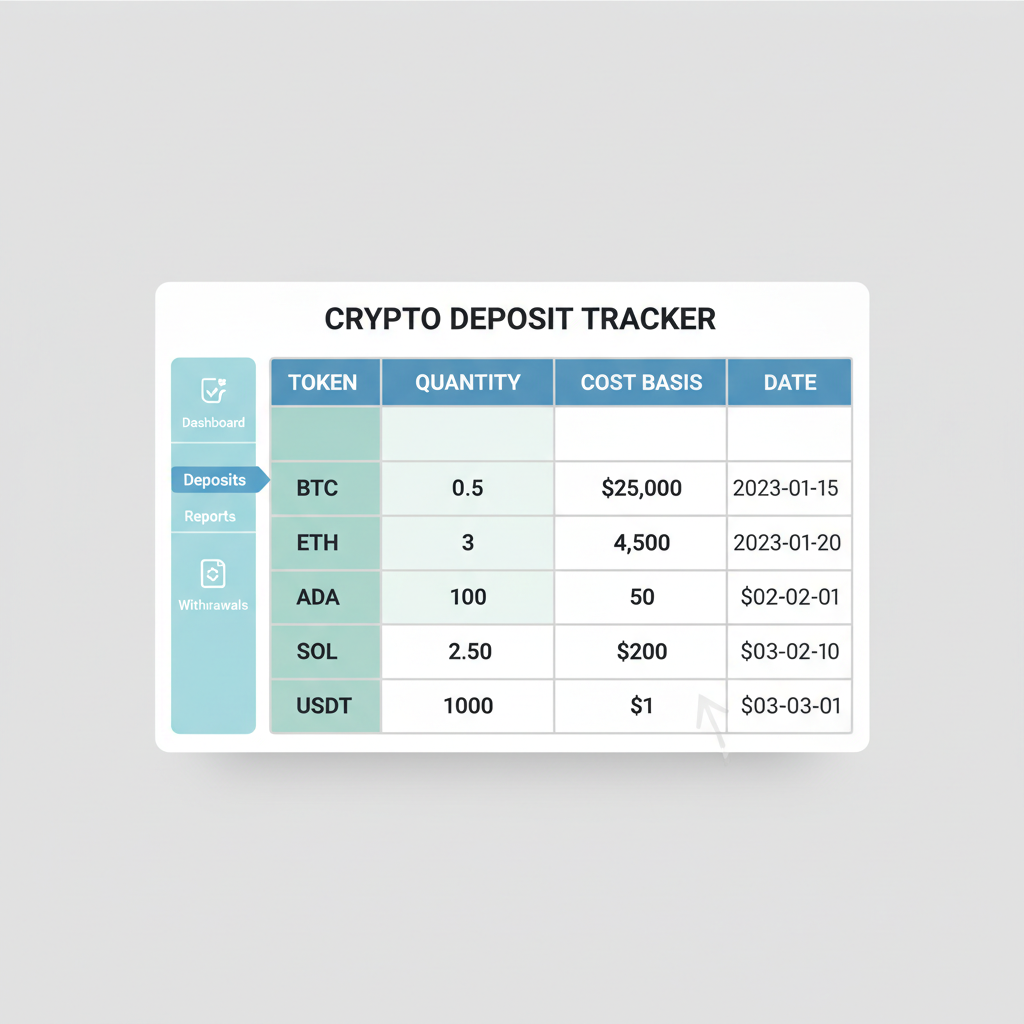 spreadsheet tracking crypto deposits with columns for token, quantity, cost basis, date, clean financial interface