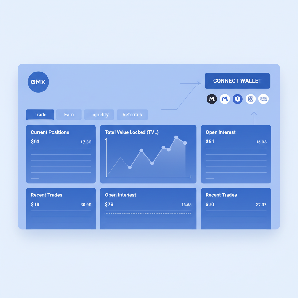 sleek DeFi dashboard GMX Arbitrum interface wallet connect button blue theme
