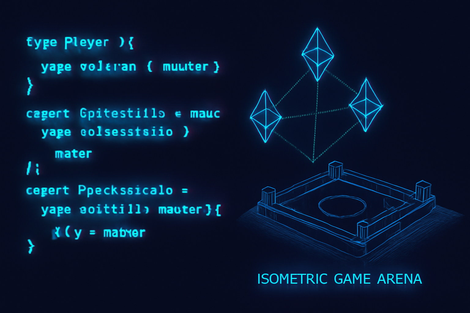 code snippet defining ECS tables for Player and Position components in TypeScript, glowing blue syntax highlighting, ethereum blockchain nodes connecting, isometric game arena sketch