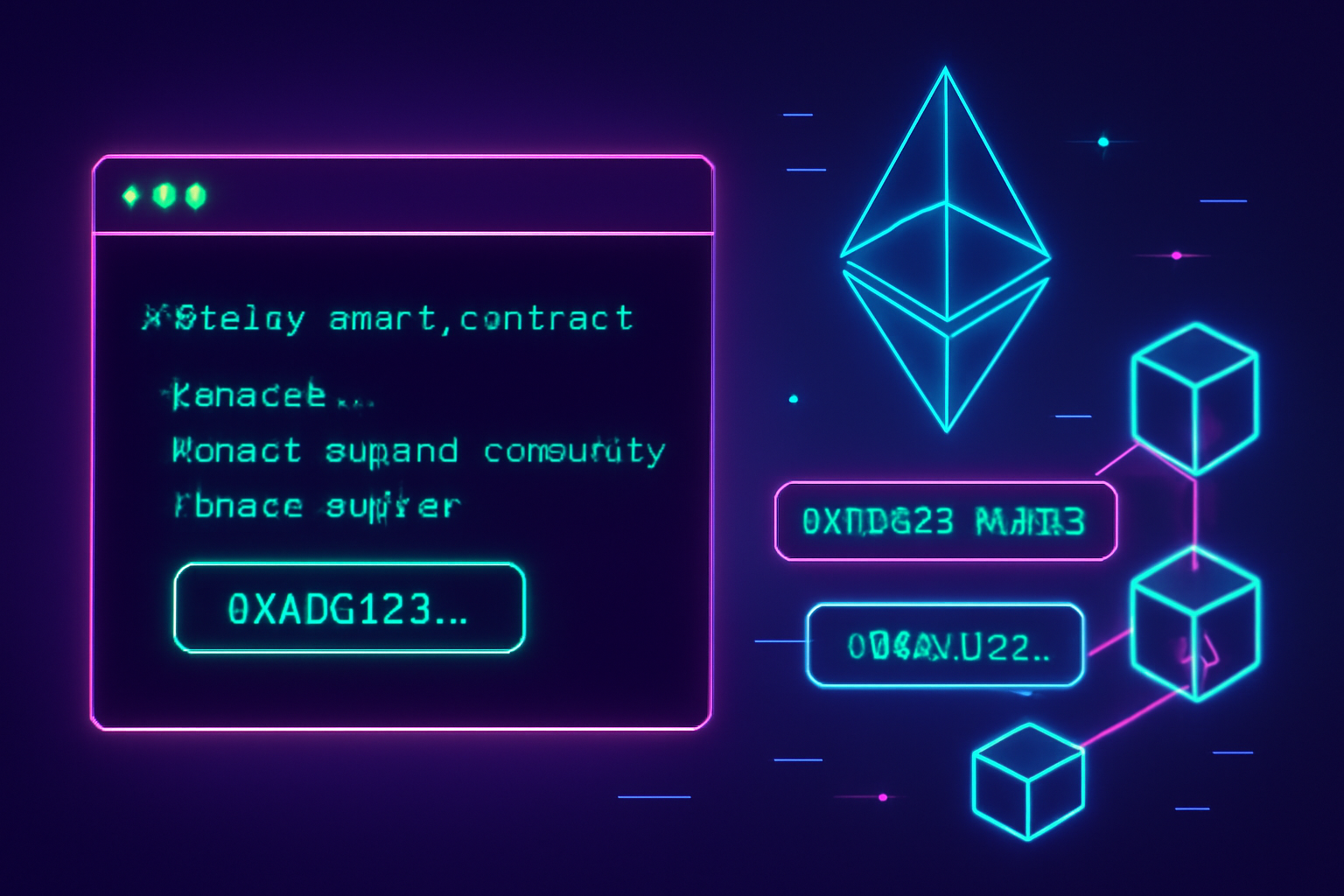 terminal deploying smart contract with success message, ethereum network visualization with blocks chaining, world contract address highlighted, cyberpunk neon aesthetic
