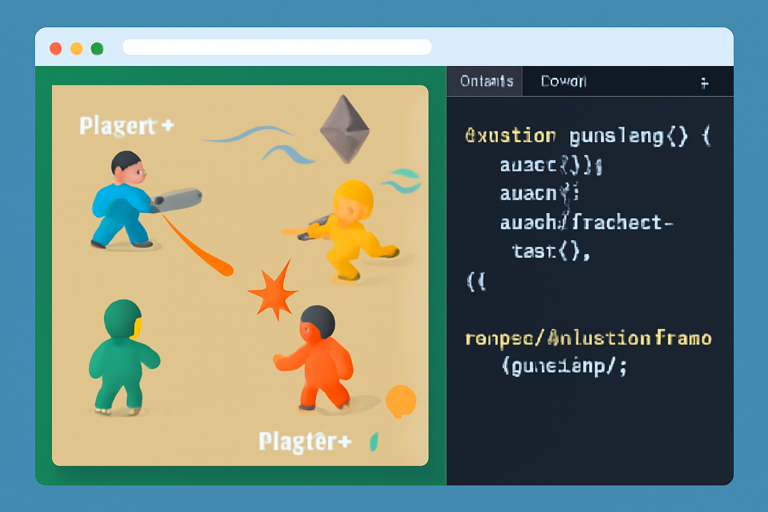 browser game client showing 2D top-down PvP arena with players moving, code overlay handling updates, ethereum transactions animating in background, dynamic action scene