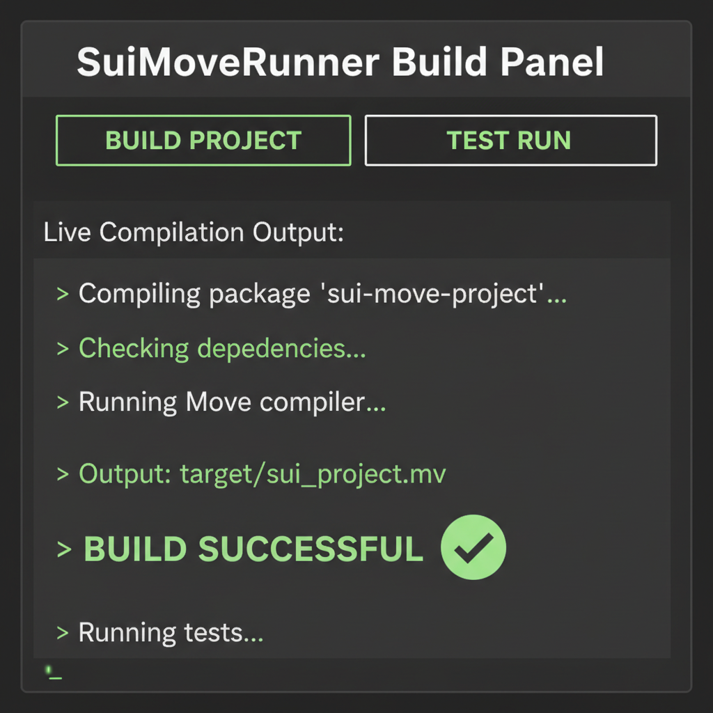 SuiMoveRunner build panel with live compilation output and success checkmark, terminal-style interface