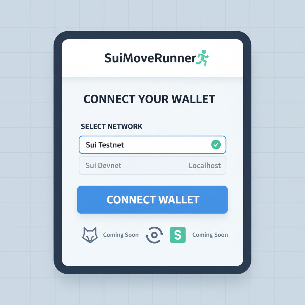 wallet connection interface in SuiMoveRunner, showing Sui testnet selection and connect button