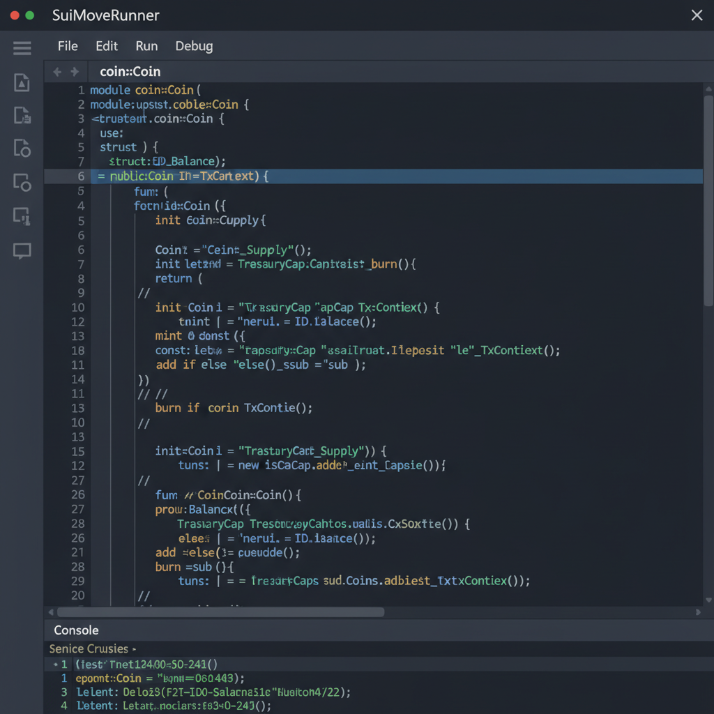 code editor in SuiMoveRunner IDE displaying Sui Move coin module code, syntax highlighted, dark theme