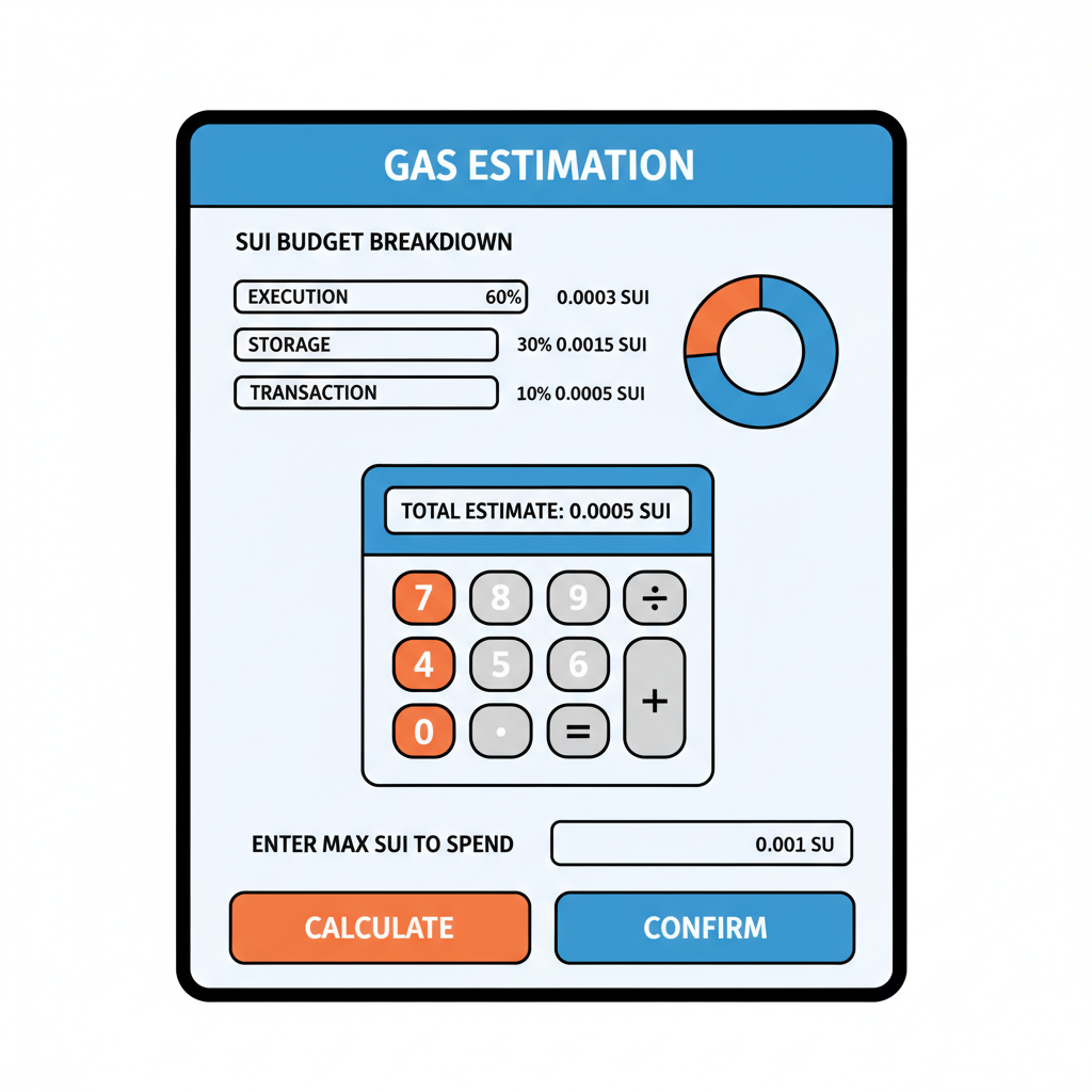 gas estimation screen in SuiMoveRunner showing SUI budget breakdown and calculator