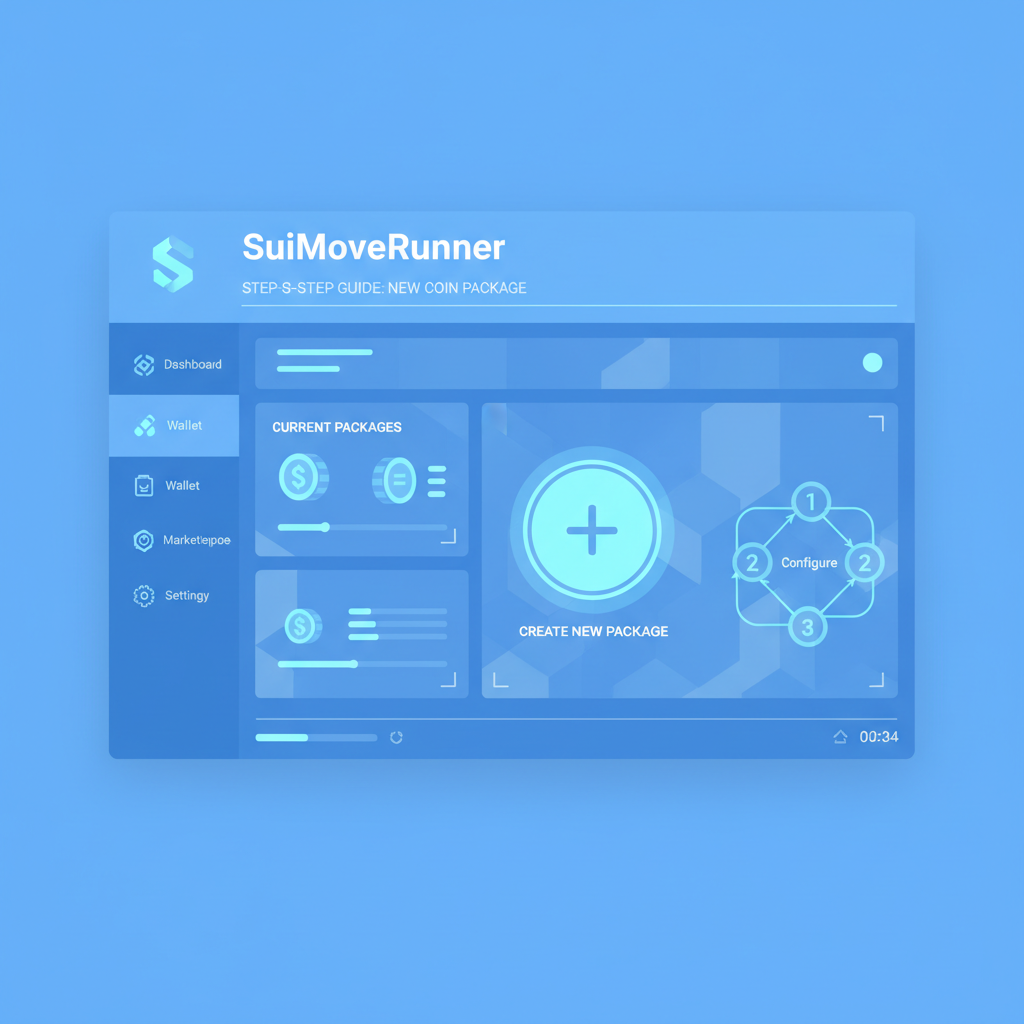 futuristic UI dashboard of SuiMoveRunner app showing new coin package creation button, clean tech design, blue tones