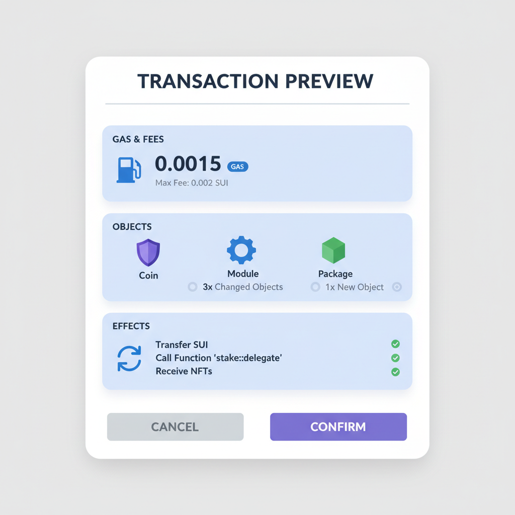 detailed transaction preview panel in SuiMoveRunner UI, highlighting gas, objects, and effects